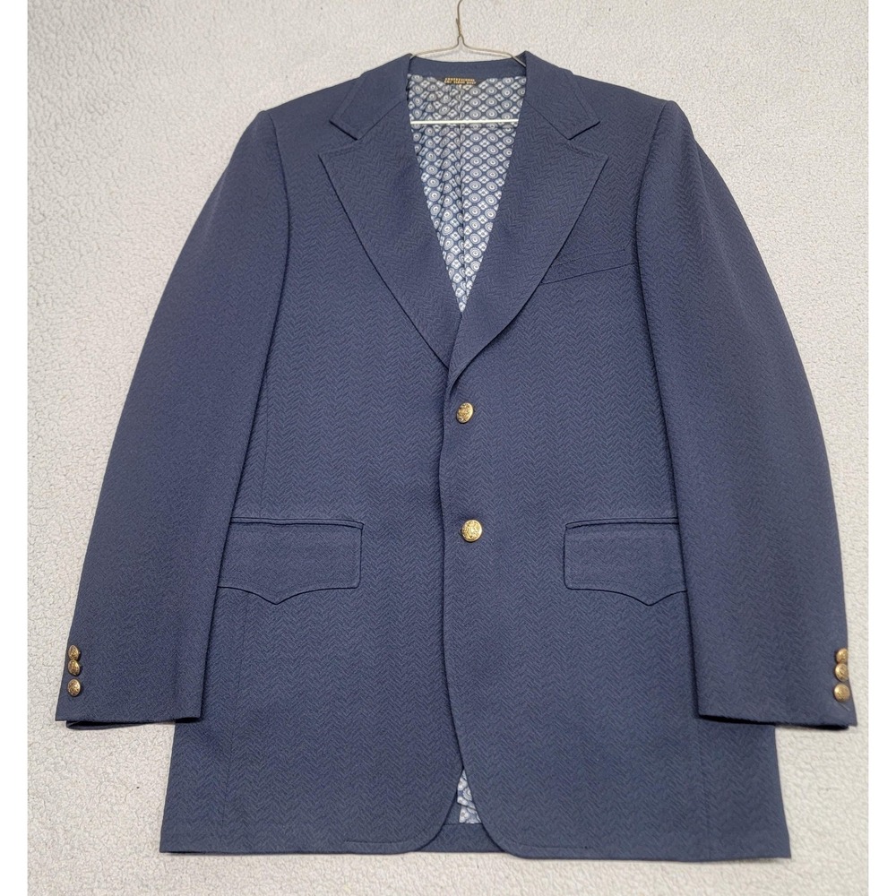 Cricketeer Double Knit Blazer Mens 42L Navy Herringbone Single Breast Gold Btn‎